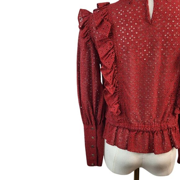 Robert Rodriguez Size 2 Designer Red Top Embroidered Eyelets Ruffles BOHO - Picture 13 of 16